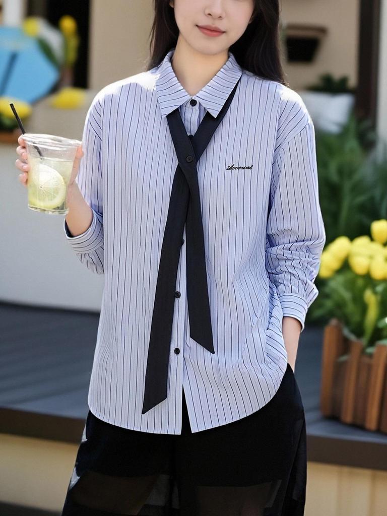 Women's Blue Striped Long Sleeve Shirt: Spring 2026 New Design with Tie Top, Loose and Fashionable.