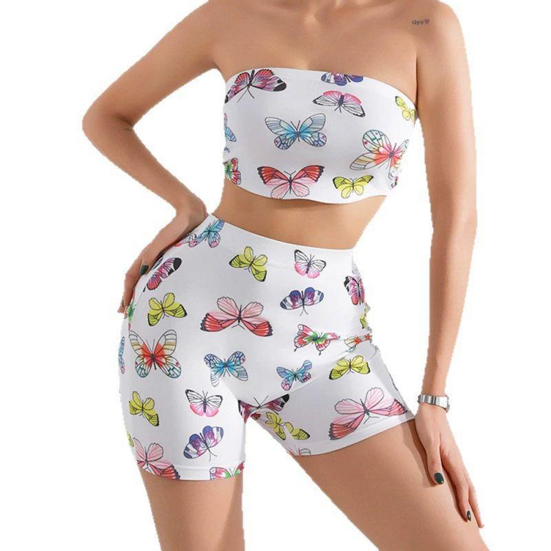 

Women Strapless Bustier and Shorts Pajama Set Butterfly Printed Loungewear 2XL