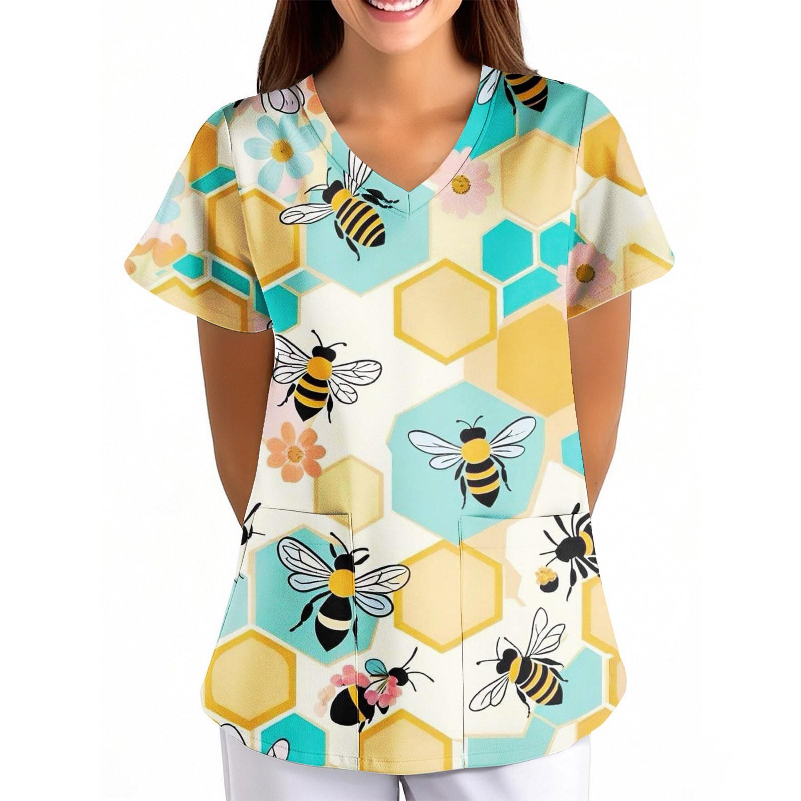 

Женская униформа с цветочным принтом пчелы, свободная, с V-образным вырезом, карманом и коротким рукавом XL белый