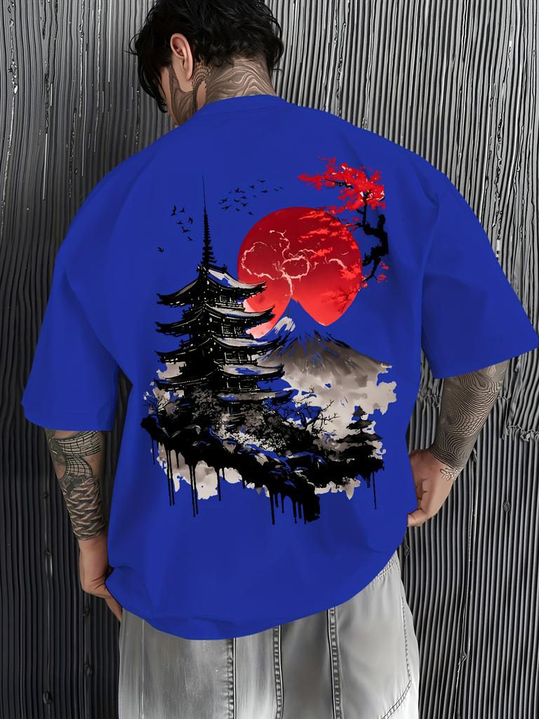 Unisex O Neck Tee Fuji Pagoda Red Sun Ink Art Print Cotton Short Sleeve Loose Summer Street Breathable Daily Casual Basic Wear Top