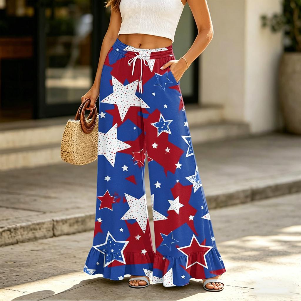 Women's High Waist Wide Leg Pants with Drawstring Pockets Casual Loose Fit Long Trousers Comfortable Lightweight Fabric Elastic Waistband