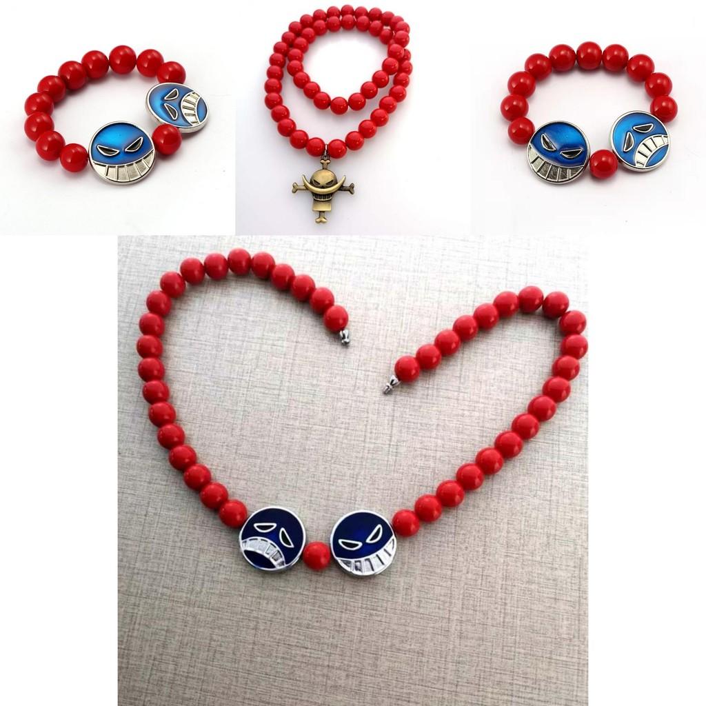 One Piece Portgas D Ace Halskette Whitebeard Piraten Anhänger Rotes Perlenarmband