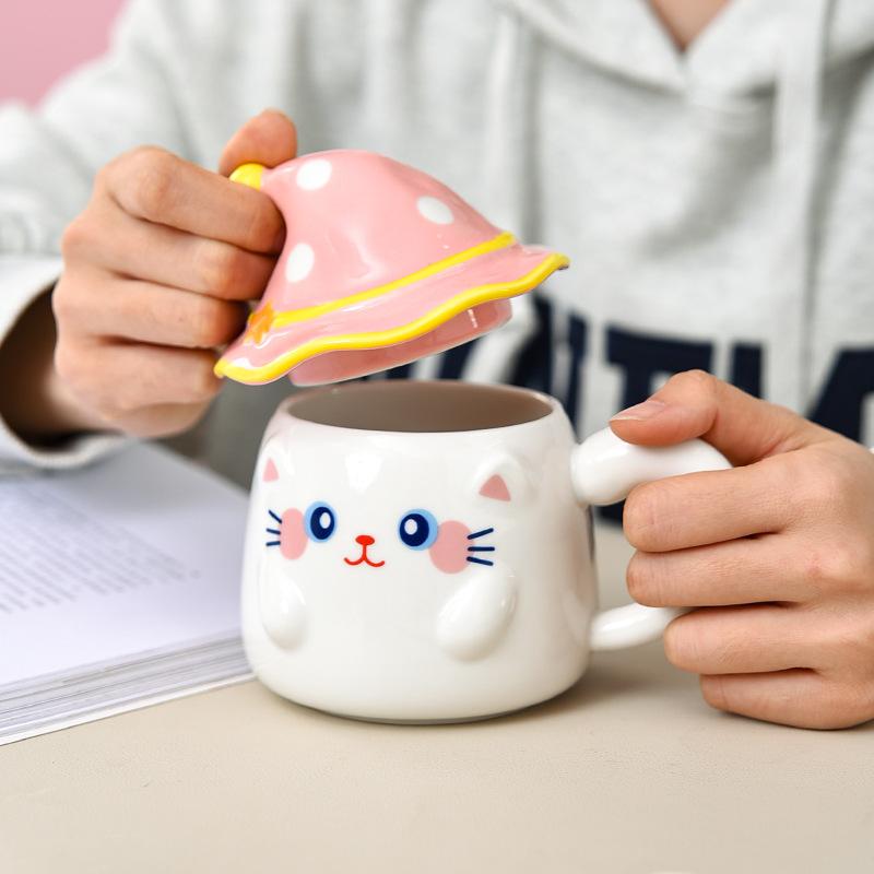 Creative Cute Cat Mug with Lid Ghost Cup for Girls Ceramic High Looking Cartoon Household Water Cup
