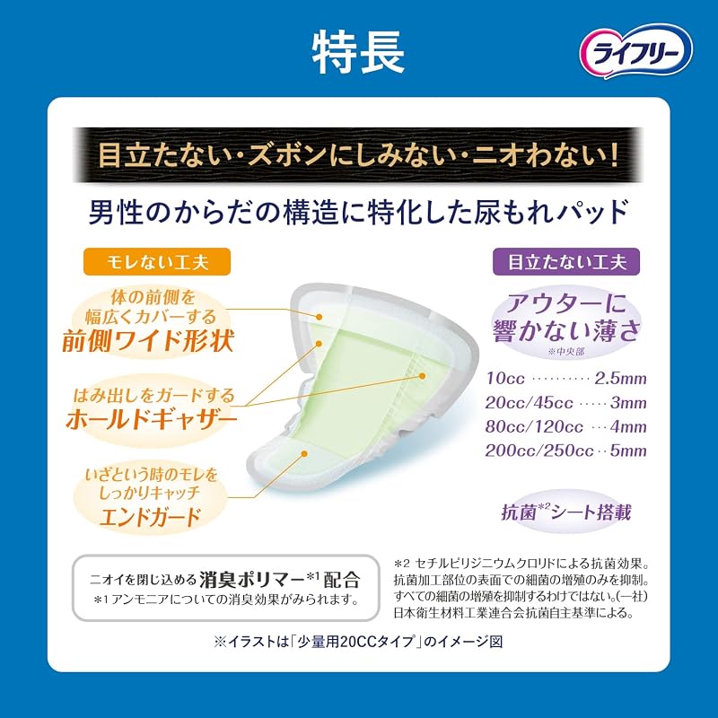 Lifree [Men's Incontinence Pads 80cc] Refreshing Men's Reliable Pads, Medium Absorbency, 26 Pads, Value Pack (For moderate leakage that soaks through