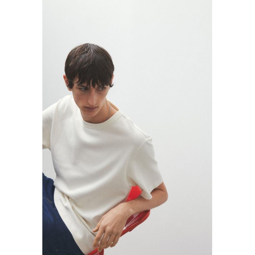 H M Regular FiT Waffle TexTure T sHirT creaM