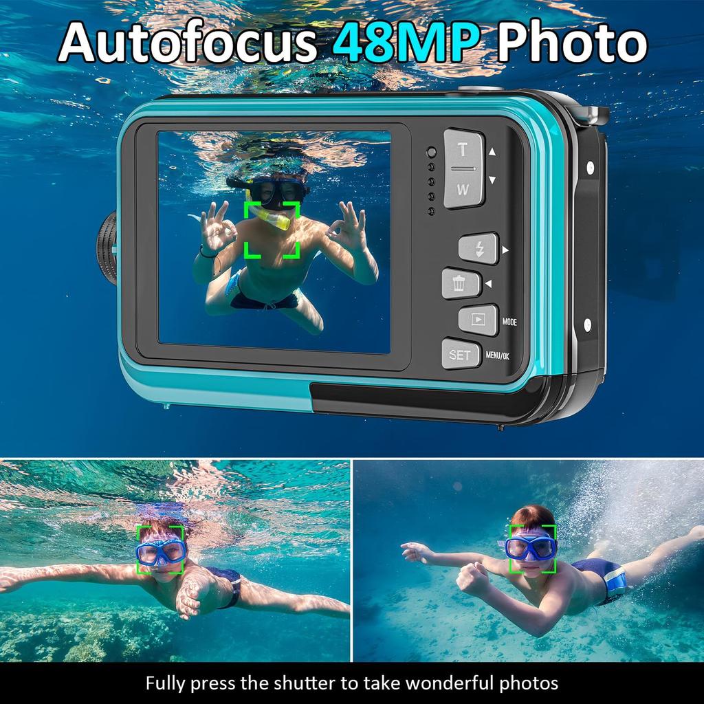 4K Underwater Camera 11FT Waterproof Camera with 32GB Card 48MP Autofocus Dual-Screen Selfie Underwater Camera for  Waterproof Type-C (Blue)