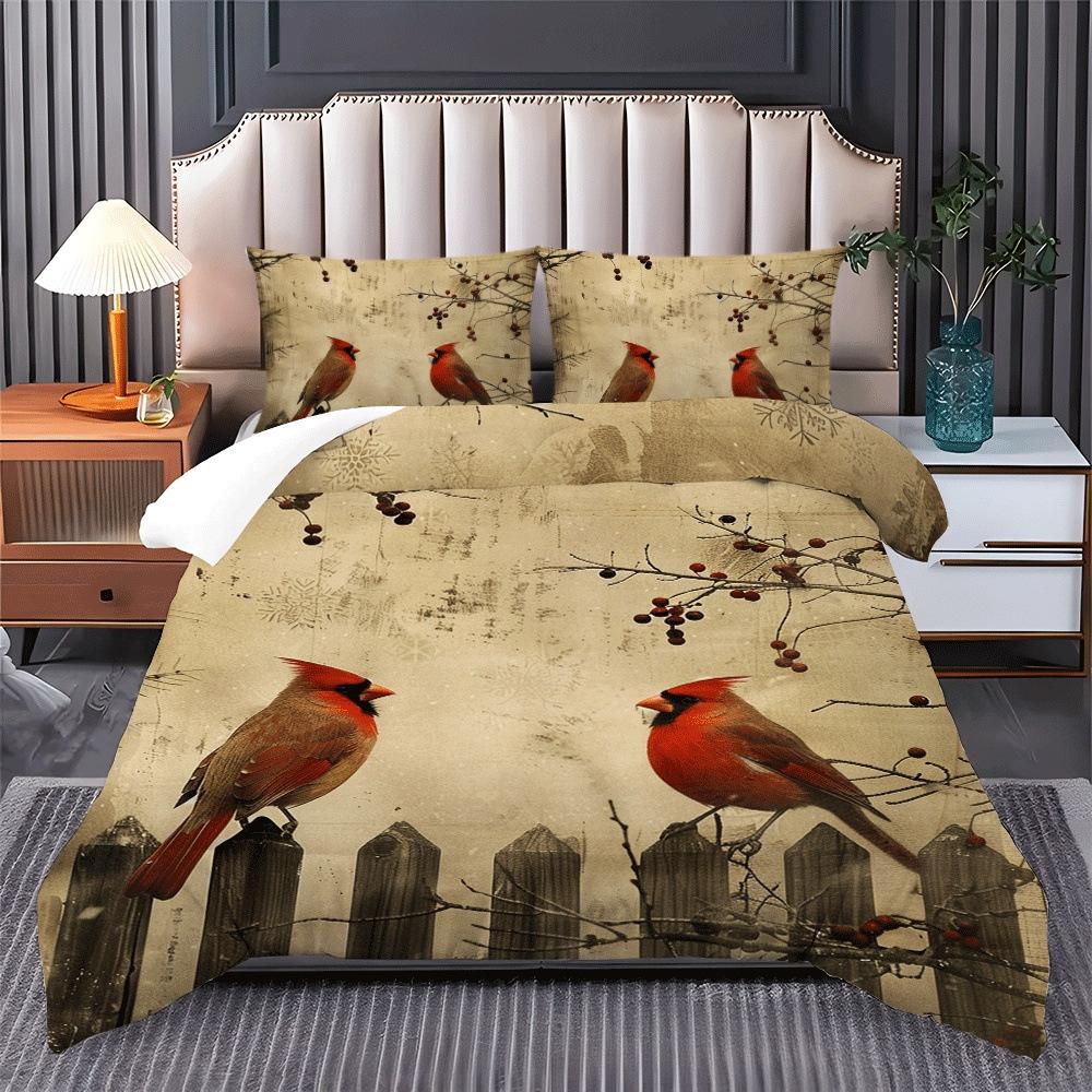 Red Bird Quilt Cover Three-Piece Animal Count Printing Kit Duvet Cover Bedroom Home Decoration