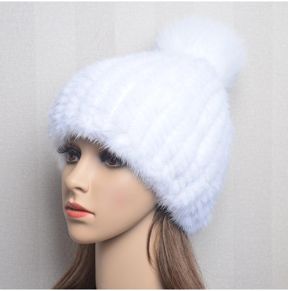 Winter Women Natural Mink Fur Hat Hand Knitted Warm 100% Genuine Mink Fur Cap Russia Lady Real Mink Fur And Fox Fur Pompoms Hats