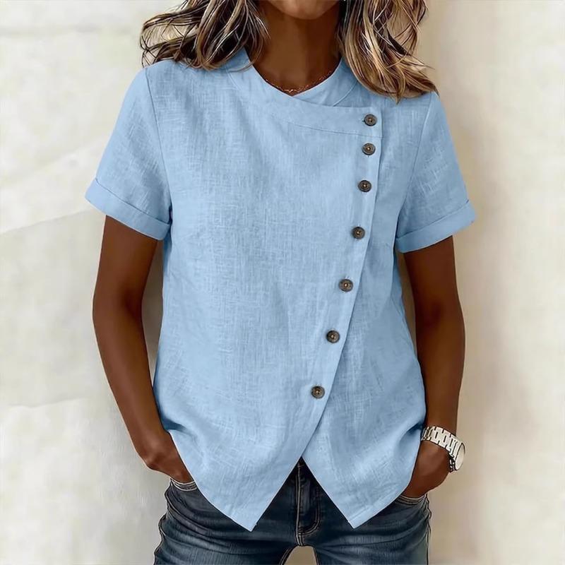 Womens Asymmetric Button Down Short Sleeve Linen Blouse S