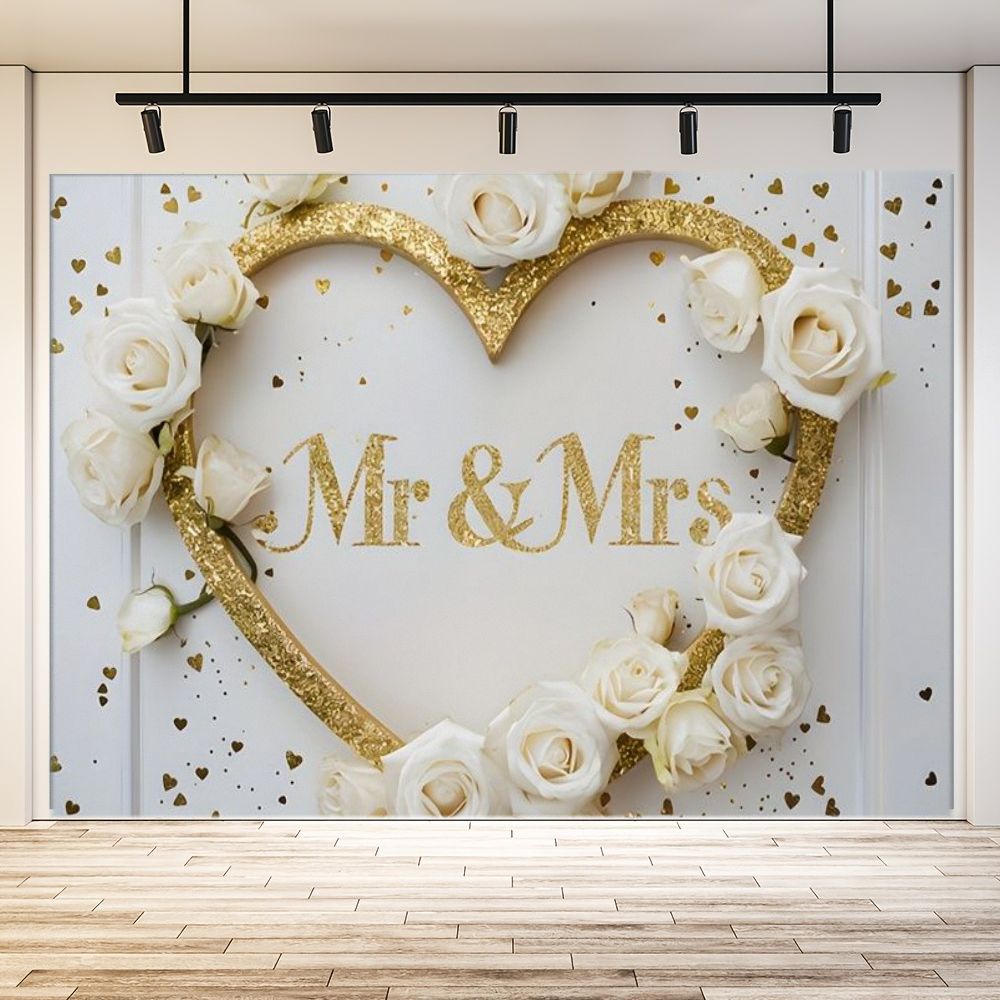1pc gold glitter heart banner with white roses Mr. & Mrs. text and gold hearts this romantic wedding decoration is suitable 100x150cm