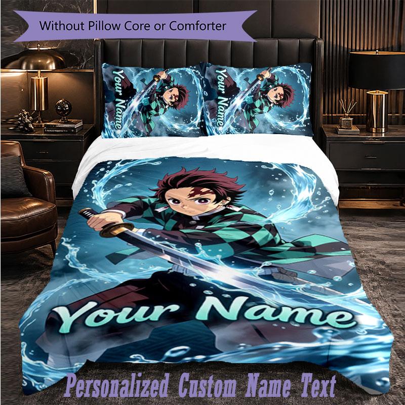 Personalized 3Pcs Bedding SetDemon Slayer Custom Text Duvet Cover Pillowcase Set Bedroom Gift