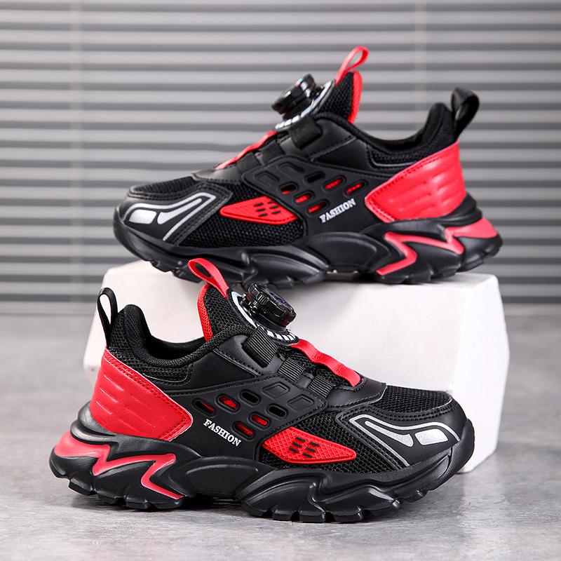 Children Clothing Yulin-001 Boys Red ' Rotating Button Sneakers Breathable Mesh Non-Slip Sport Shoes For Kids Lightweight Chunky Running Shoes For School Outdoor Cm