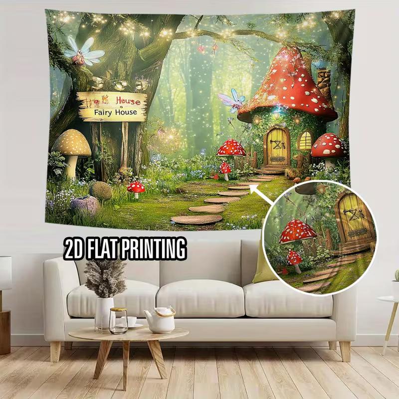 

2D Whimsical Fairy Tale Forest Tapestry with Mushroom Cottage 47.2x31.5inch/120*80cm
