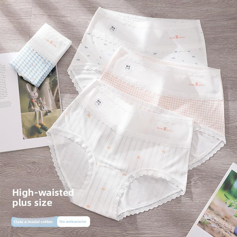 Plus Size Women Spring and Autumn Pure Cotton Stitching Lace 10A Bacteri Resistant High Waist Breathable Briefs