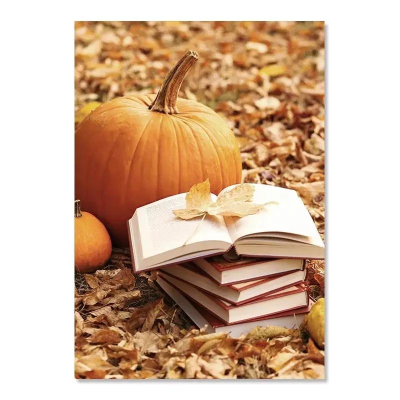 Autumn Yellow Fallen Leaves Scenery Canvas Painting Fall Pumpkin Halloween Wall Art Print Poster Modern Living Room Home Decor