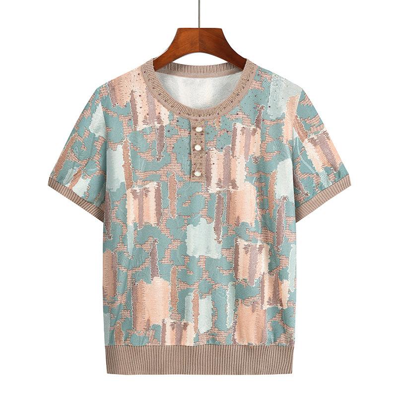 Women's Summer Knit Top: Mom-Style Short-Sleeve Cropped Top, Loose-Fit Casual Top