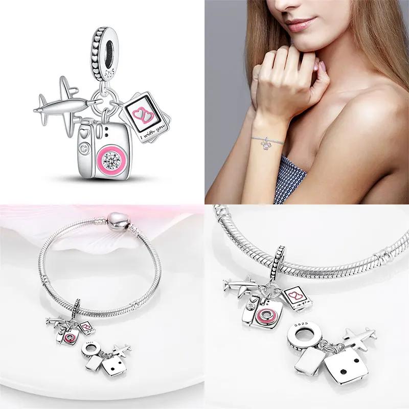 Anniversary Luggage Airplane Passport Three-Piece Set Copper Charms Fit Original Bracelet Jewelry Making For Women Gift