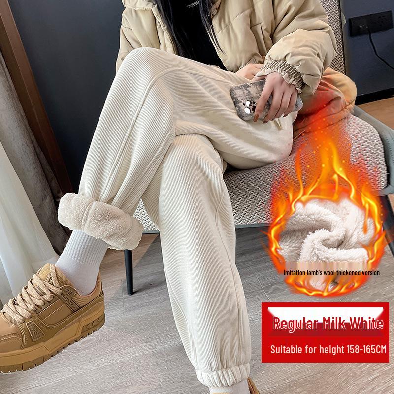 2025 Women's Winter Fleece-Lined Lambswool Sweatpants - Extra Long, Thickened Joggers with Cuffed Corduroy Design