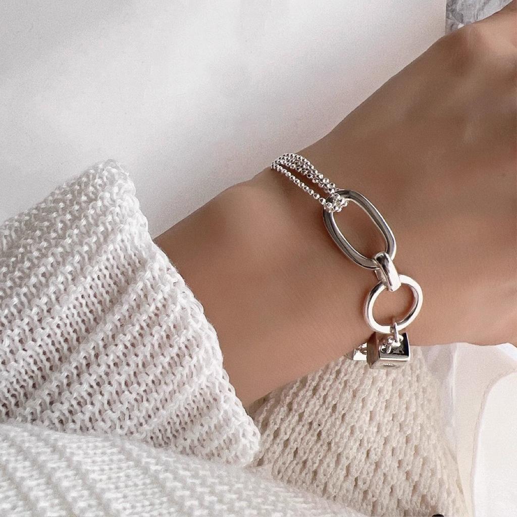 925 Sterling Silver Bracelet Geometric Cube Circle Punk Asymmetric Beaded For Woman Girl Fashion Jewelry Gift Dropship Wholesale