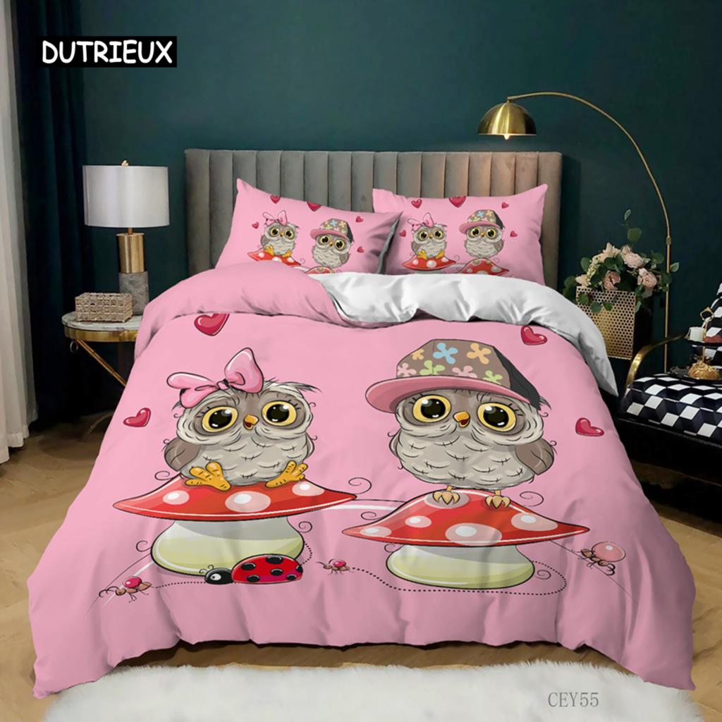 Cartoon Owl Duvet Cover Set King Size Owls In Love Print Cute Partners Couples Twin Bedding Set Soft Microfiber Comforter Cover