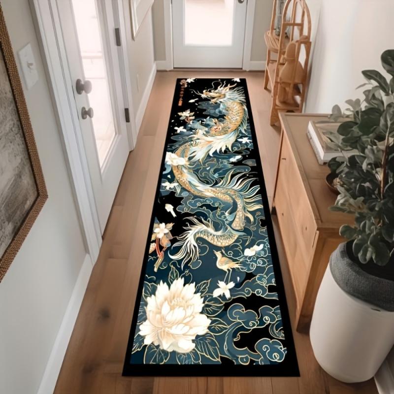VIKAMA Chinese Dragon and Lotus Print Runner Rug Non Slip Soft Hallway Carpet for Kitchen Bedroom Living Room Oriental Home Deco