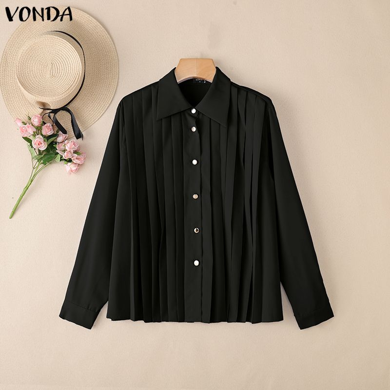 

VONDA Женская Повседневная Блузка с Элегантными Рюшами и Плиссировкой, с Длинным Рукавом и Отложным Воротником 5XL чёрный