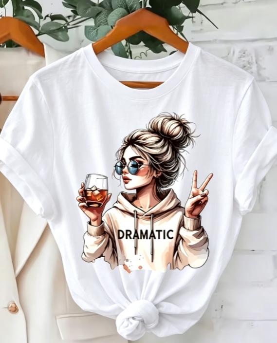 DRAMATIC 1pc Women' S Fashion Print Round Neck Short Sleeve T Shirt Casual and Comfortable for Daily Wear Trendy Print Combine