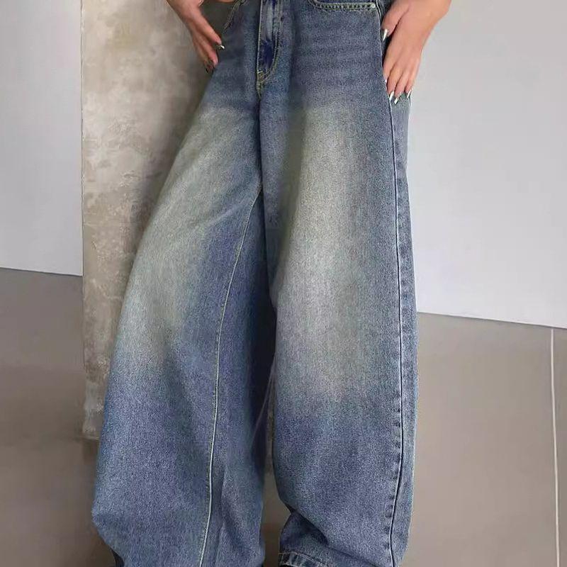 Wide Leg Jeans2025 Fashion Washed Blue Wide Leg Long Mop Sense Denim Women's Ripped Casual Pants
