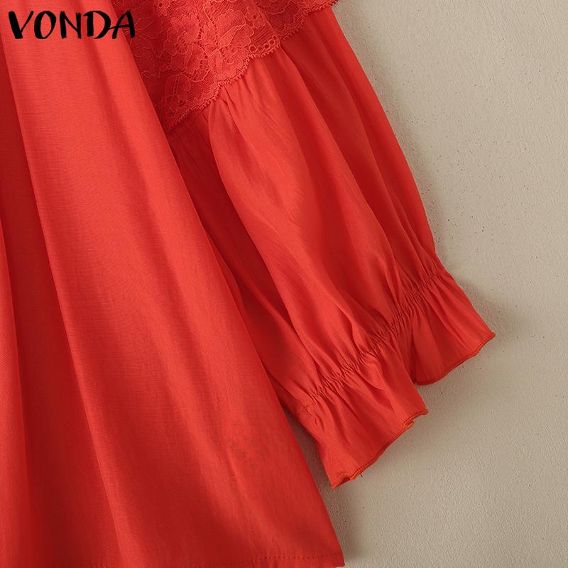 VONDA Damen Sommer Rundhals 3/4-Ärmel Spitze Patchwork Rüschen Lässige Lockere Bluse