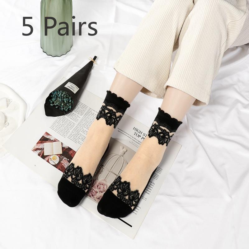 

5 пар женских тонких хлопковых носков с цветочным рисунком для весны и лета, прозрачные ретро кружевные чулки-трубы с кристаллами 5 Pairs телесный/чёрный
