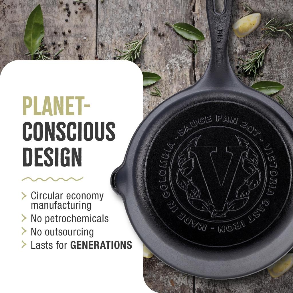 Victoria Cast Iron Saucepan, Pre-Seasoned, Made in Colombia, Authentic (2QT)