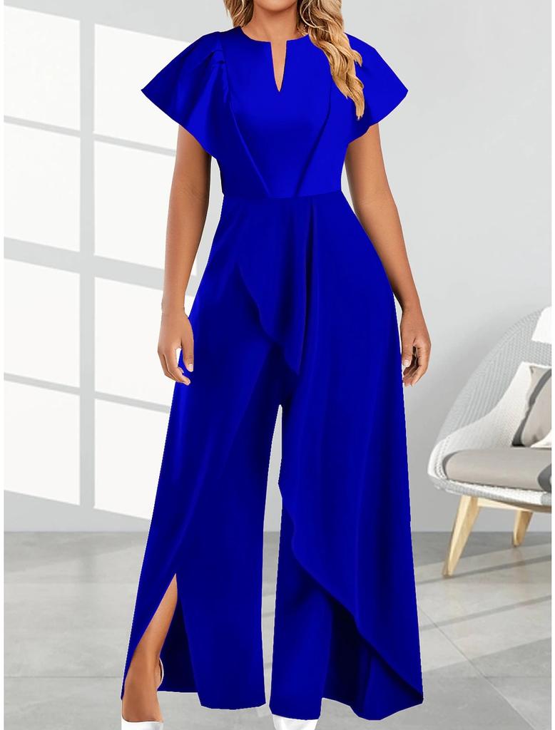 Women's V-Neck Asymmetrical Ruffle Shoulder Wide Leg Jumpsuit