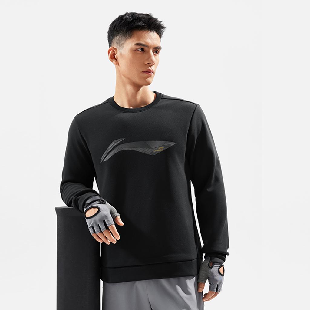 Li Ning Fitness Series Sports Fashion Letter Round Neck Loose Comfortable Warm Fleece Long Sleeve Sweatshirt Men sweatshirt Black AWDU567-1