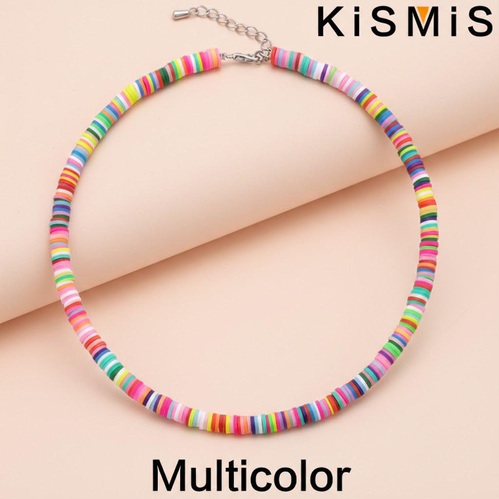 

1PC Bohemian Beach Colorful Clay Beaded Choker Necklace Boho Rainbow Polymer Clay Pendant Necklace for Women 5 Colors