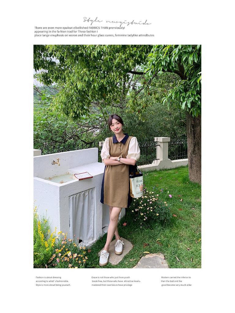 2024 Khaki Polo Dress: Small Size, Contrast Stitching, Summer Style, Loose Fit
