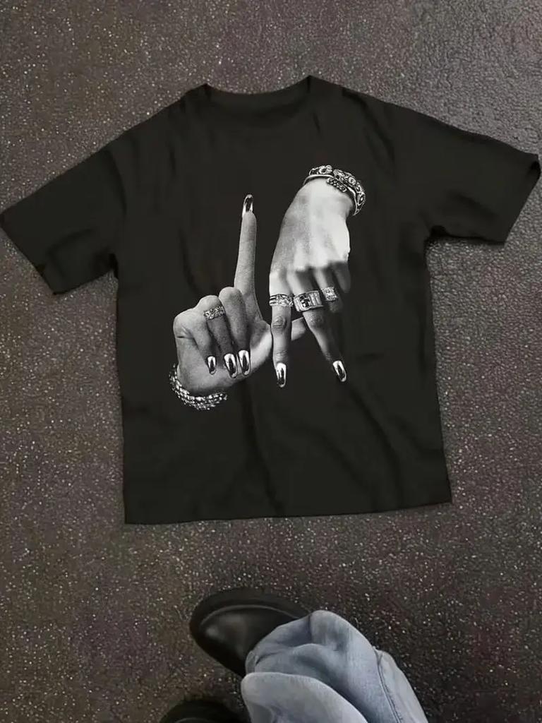 High Street T Shirts Hand Gesture & Lettering Tops Y2K Los Angeles T-Shirt Casual Loose Top Rou