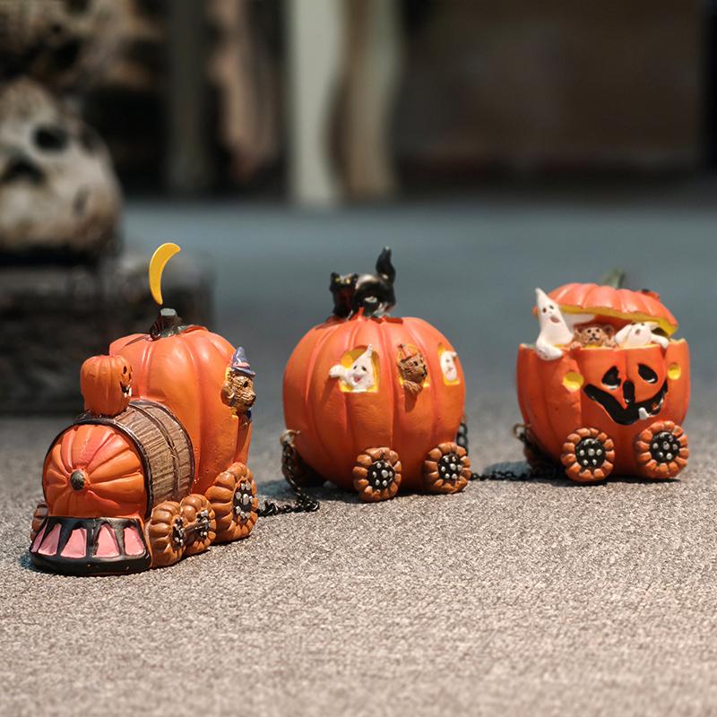 Halloween Ghost Pumpkin Car Model Sculpture, Creative Festival Resin Sculpture for Home Decoration
