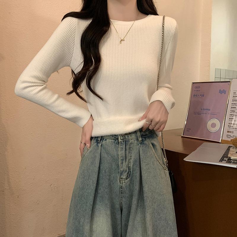 Spring, autumn and winter fleece thickened warm inner bottoming shirt integrated fleece slim top women s texture knitted sweater S