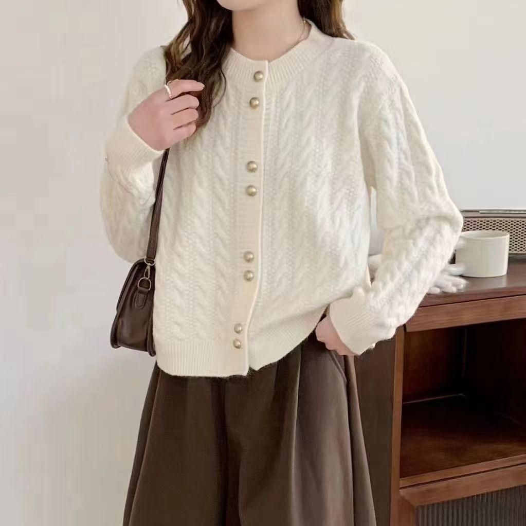 

Женский трикотажный топ на пуговицах в осеннем ретро-преппи стиле, свободный короткий кардиган-свитер с кабельным узором M бежевый