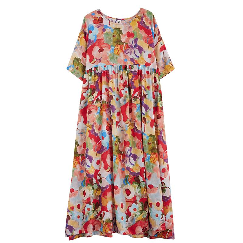 Dimanaf 2024 Plus Size Summer New Long Dress Beach Women O-Neck Floral Print Holiday Fashion Casual Loose Lady Dresses 669