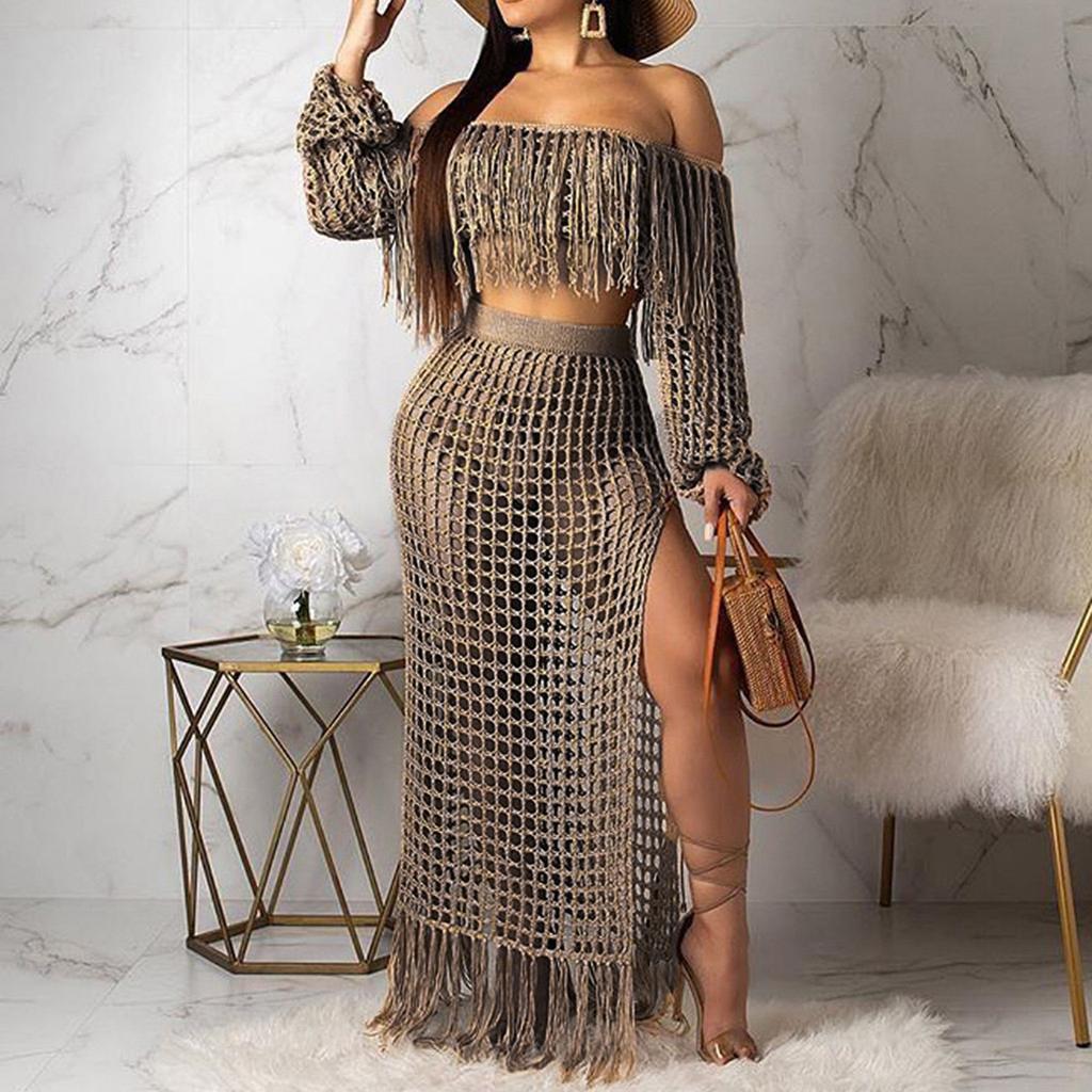 Women Sexy Long Sleeve Tassels Hollow Out Blouse Tops+Slit Beach Skirt Suit Sets