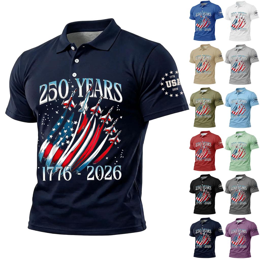 Men's Polo Shirt Short Sleeve 250 Years 1776 2026 Printed USA Flag Aircraft Graphic Casual Top