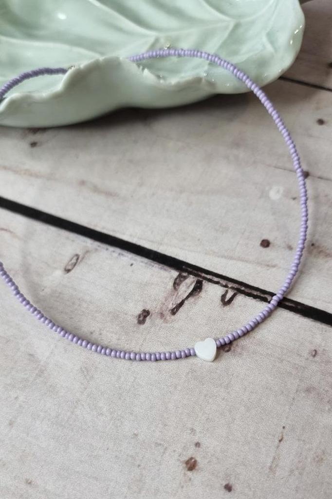Handmade Choker with Lilac Seed Beads and Natural Heart Shell Pendant