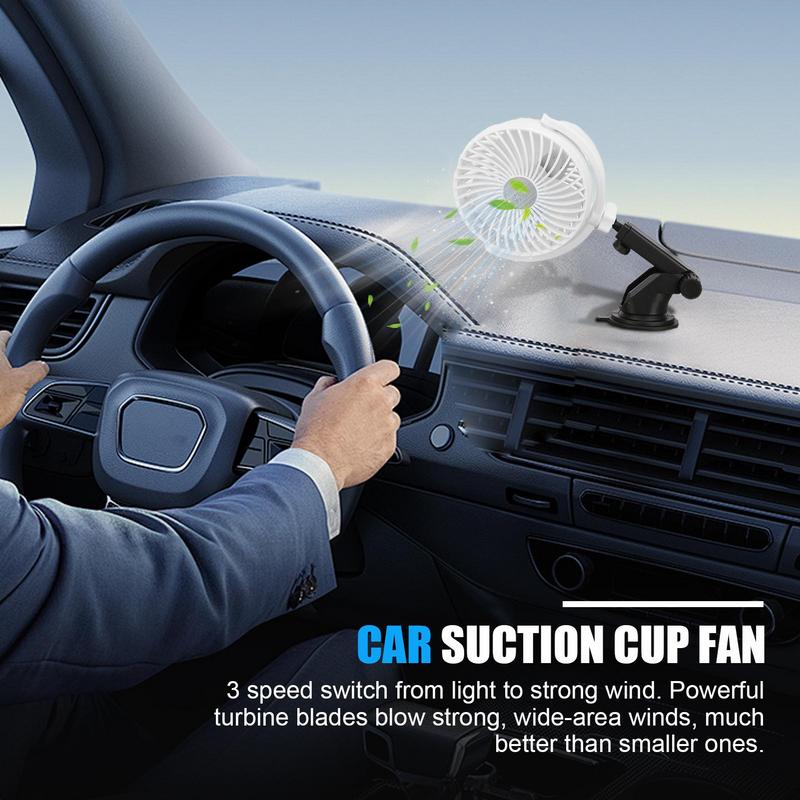 USB Car Fan Rechargeable Fan Portable Rechargeable Powerful 3 Speed Suction Cup 360 Adjustable Ventilating Air Circulation For