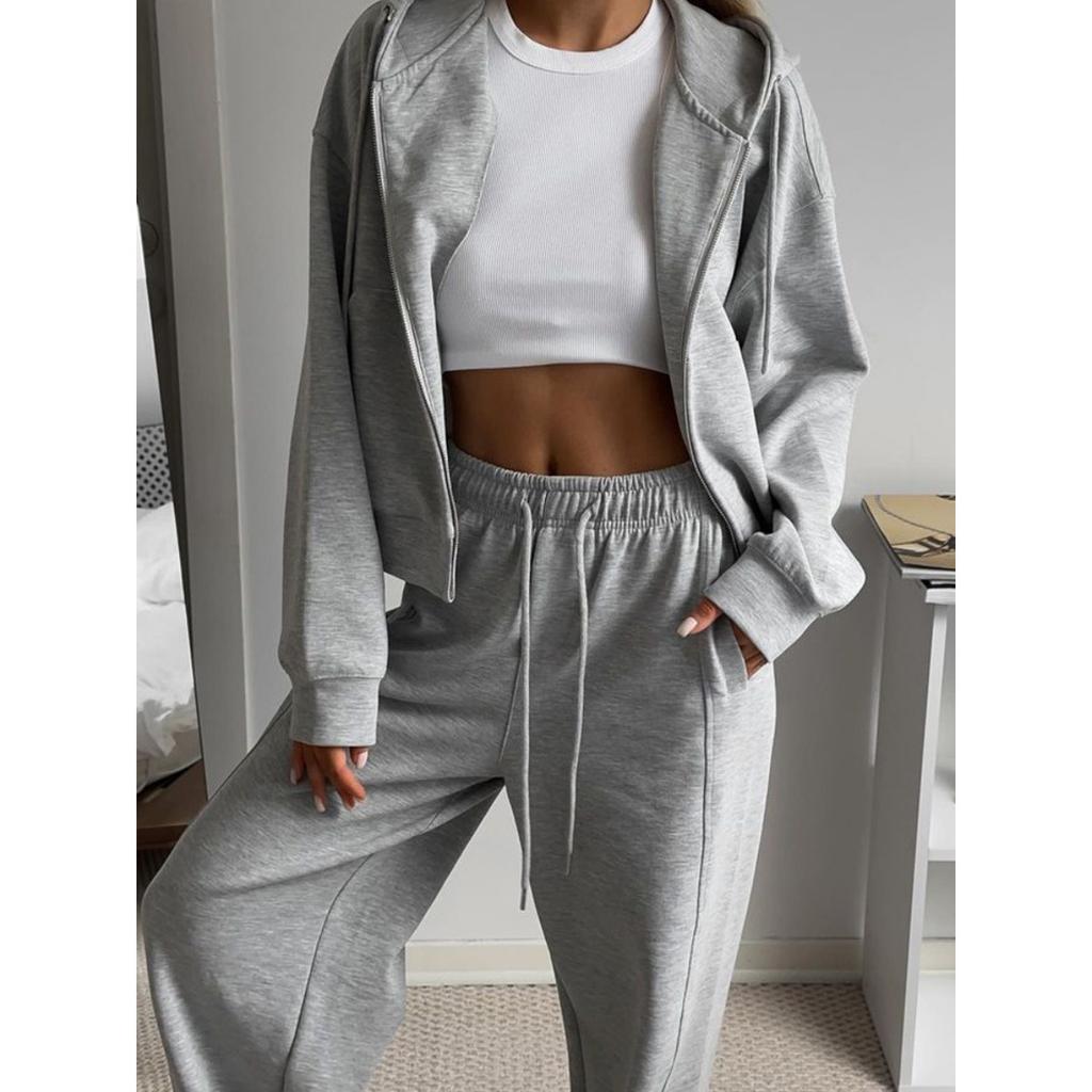 Women's New Zipper Hooded Sports Cardigan with Tie Up Pants Two-piece Casual Set