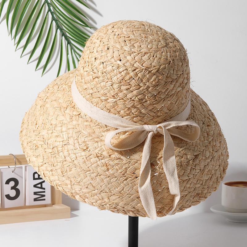 HH7330 ins summer long ribbon natural raffia grass Hepburn style Lampshade shape lady bucket hat Outdoor women holiday beach cap