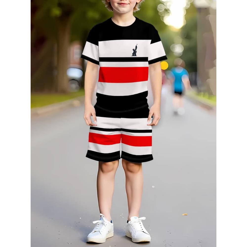 Boys Clothes Simple Striped 3D Printed Short Sleeve T-Shirt Sets Loose Casual Summer Outdoor Quick Drying Children's Clothing