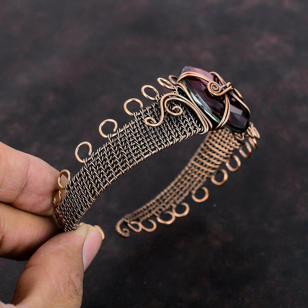 Faceted Ammolite Gemstone Cuff Bracelet Copper Wire Wrapped Bangle Adjustable Cuff Handmade Jewelry Women Bangle Copper Jewelry Gift For Him