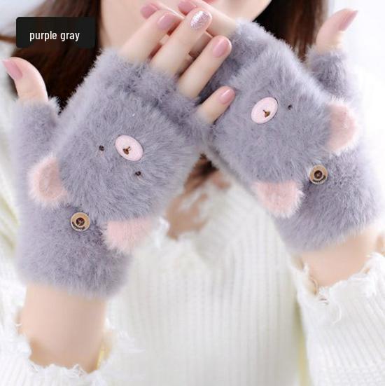 

Женские милые перчатки-митенки с мишкой - Теплые, утолщенные, непродуваемые для осени и зимы на открытом воздухе
