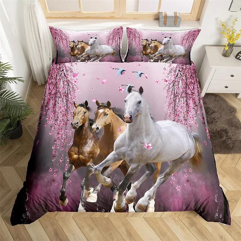 Horse Duvet Cover Butterfly Floral Comforter Cover Microfiber Western Farm Animals Bedding Set King For Kids Girls Bedroom Decor